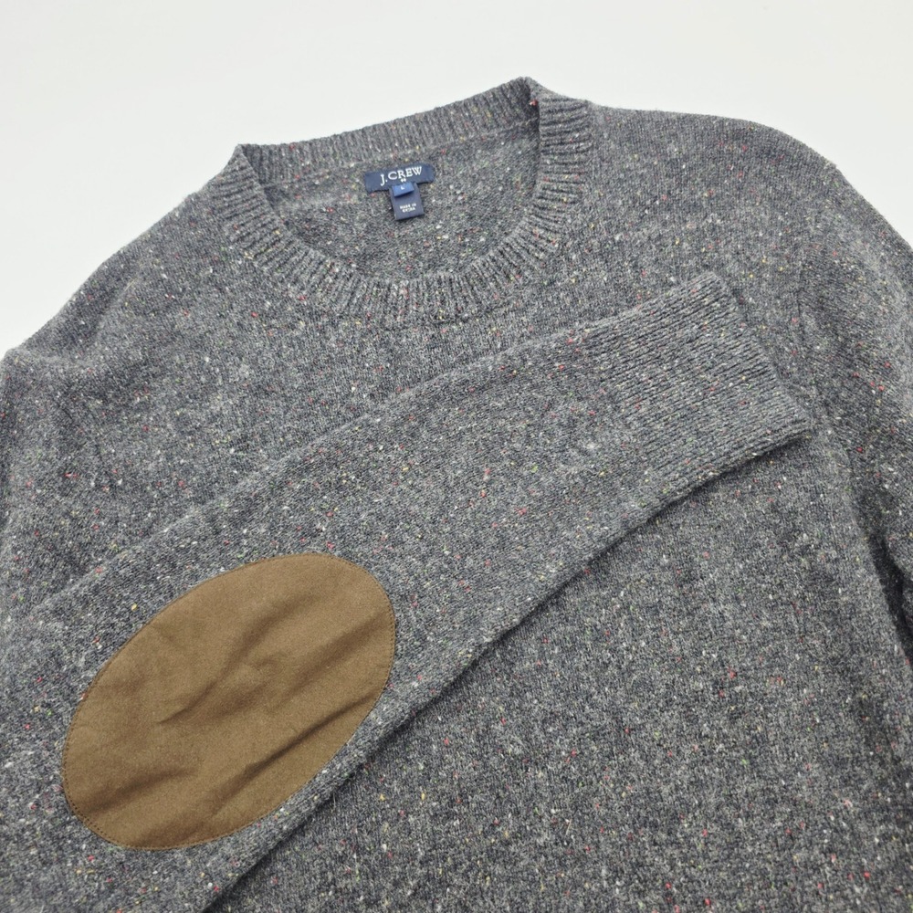 J.Crew Mens Donegal Wool Blend Crewneck Sweater Gray Elbow Patches Large